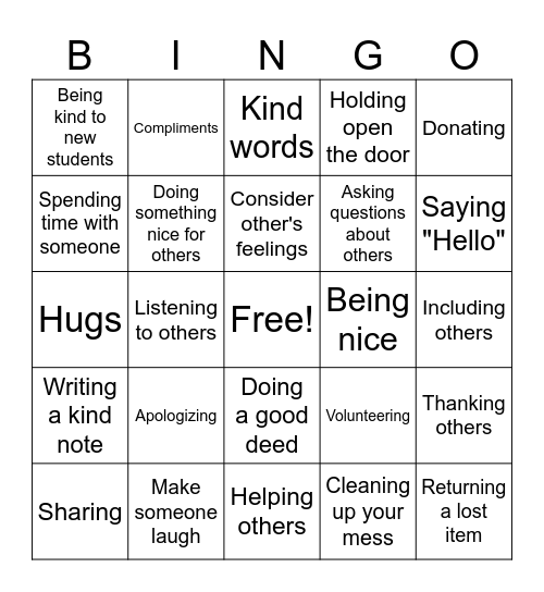Kindness for Others Bingo Card