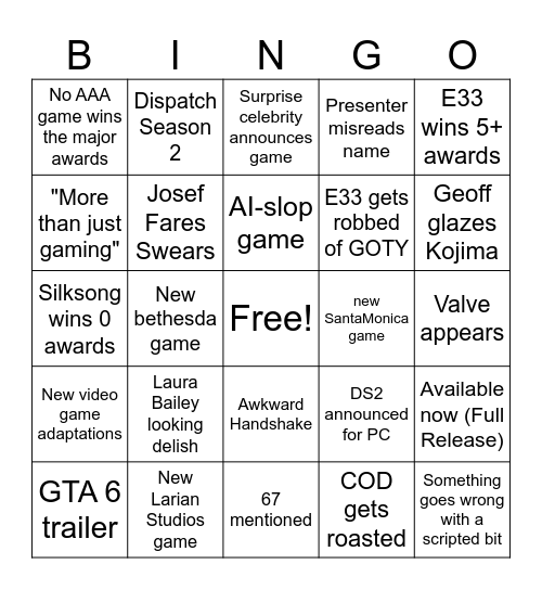 TGA Bingo Card