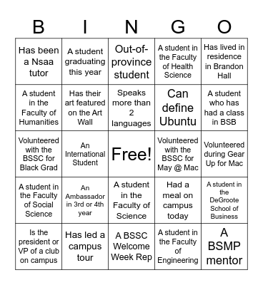 BSSC Ambassador Bingo Card