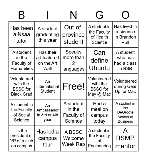 BSSC Ambassador Bingo Card