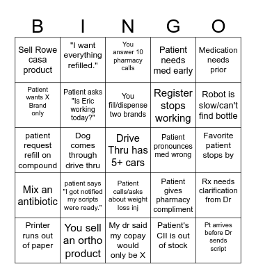 PHARMACY BINGO Card