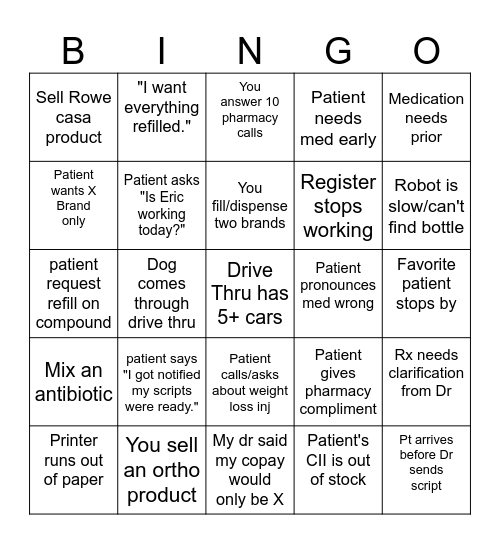 PHARMACY BINGO Card