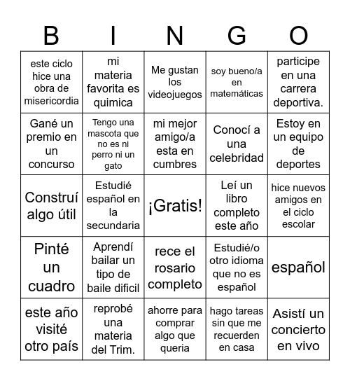 secundaria Bingo Card