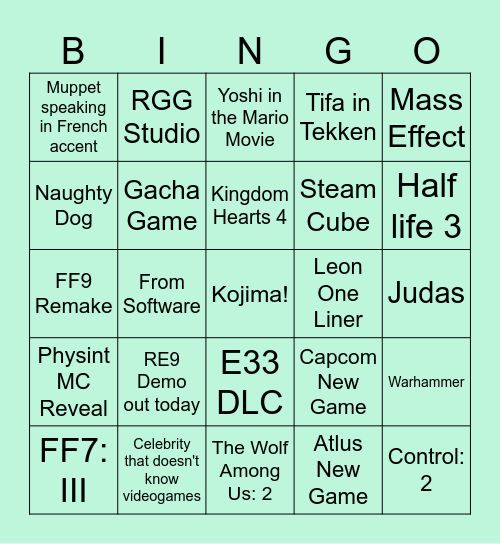 Game Awards Bingo Card