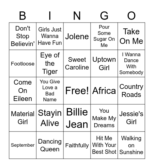 70s/80s Bingo Card