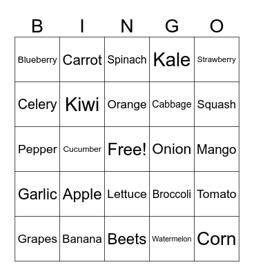 Fruit and Vegetable Bingo Card