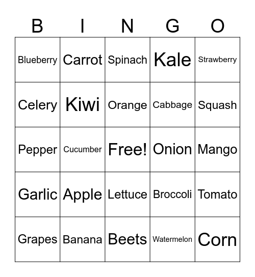Fruit and Vegetable Bingo Card