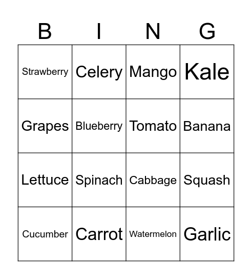 Fruit and Vegetable Bingo Card