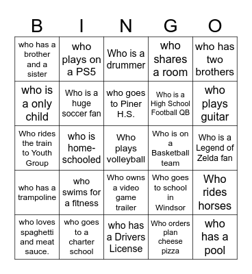 Youth Bingo Card