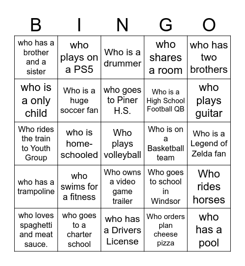 Youth Bingo Card