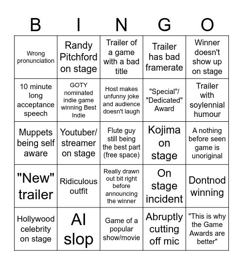 Game Awards Bingo Card