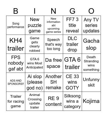 Game Awards 2025 Bingo Card