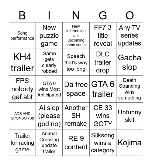 Game Awards 2025 Bingo Card