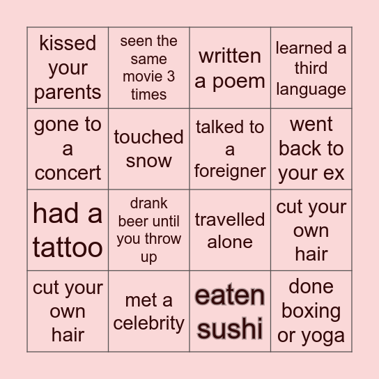BINGO GAME: HAVE YOU EVER....? Bingo Card