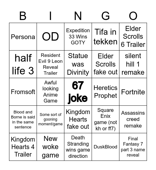Game Awards 2025 Bingo Card