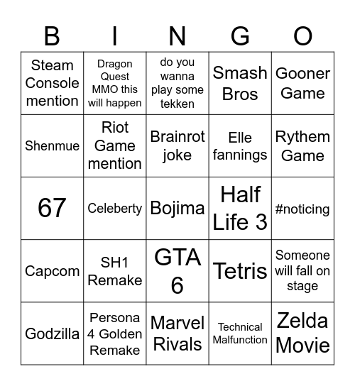 GameAwards Bingo Card