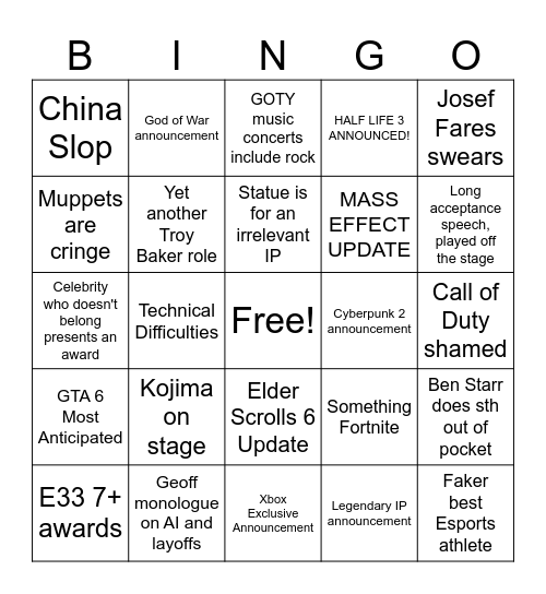 TGA 2025 Bingo Card