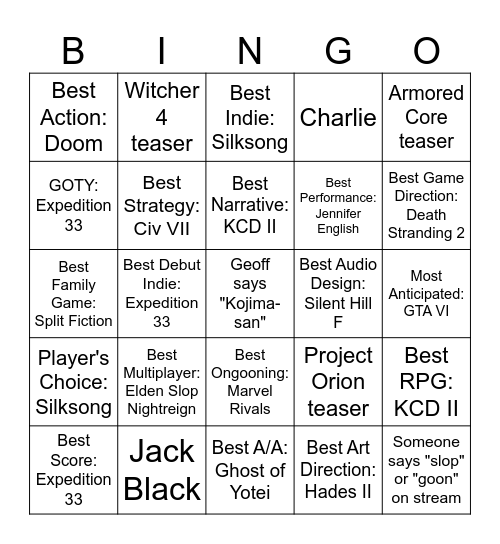 Keighley Awards 2025 Bingo Card