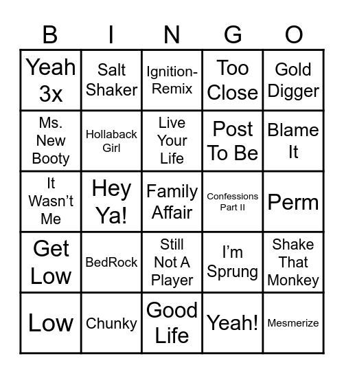 Club Hits Bingo Card