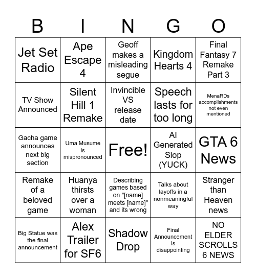 Huanya's Game Awards Bingo Card