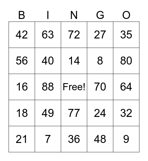 Multiplication Review Bingo Card