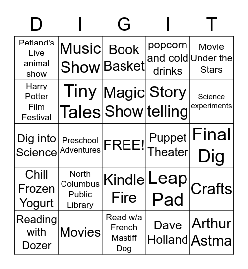Dig into Reading Bingo Card
