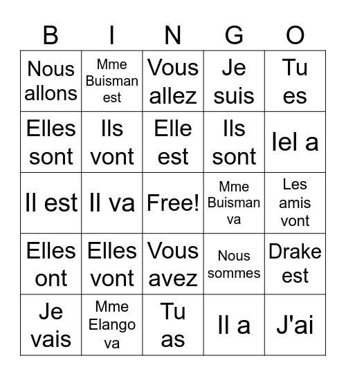 Les verbes irrégiuliers Bingo Card