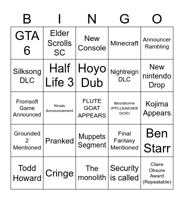 Game Award Bingo Card
