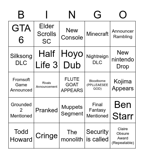Game Award Bingo Card