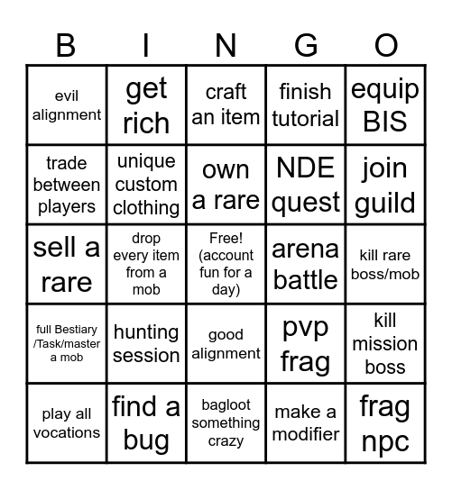 old rpg Bingo Card