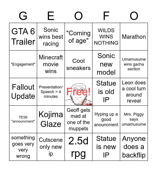 Game Awards Bingo Card