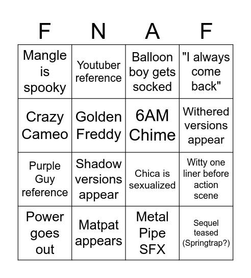 Fnaf2 Bingo Card