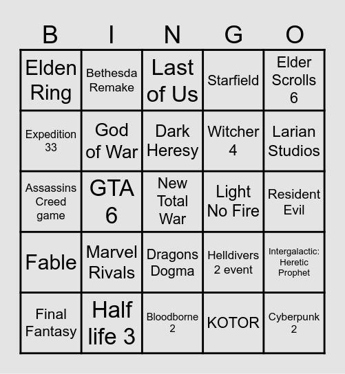 The Game Awards Bingo Card