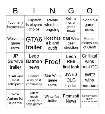 Game Awards Bingo Card