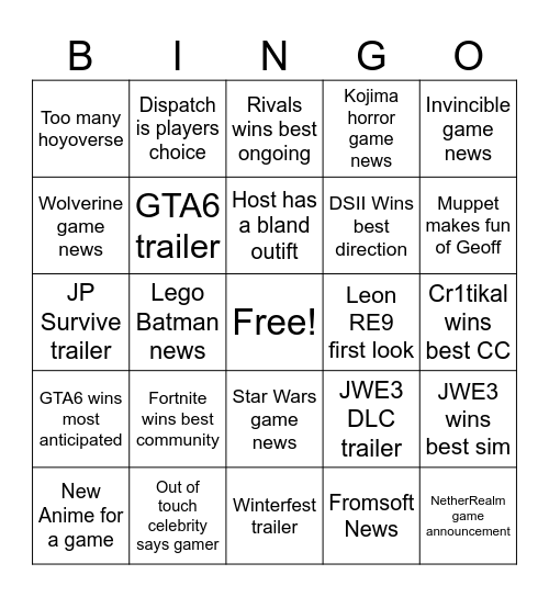 Game Awards Bingo Card