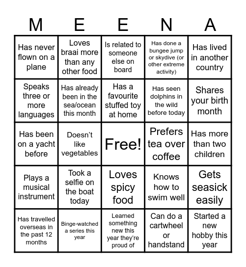 MEENA YEAR-END YACHT PARTY BINGO Card
