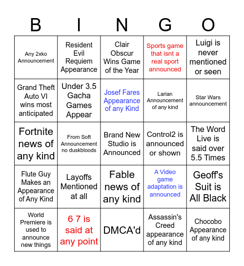 Yogi's TGA Bingo Board Presented by Geoff Bingo Card