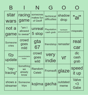 The Game Awards Bingo Card