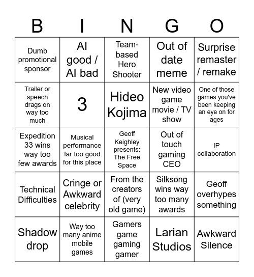 The Game Awards 2025 Bingo Card