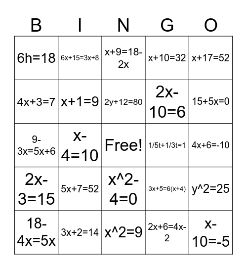 Math Bingo for Middle School Bingo Card