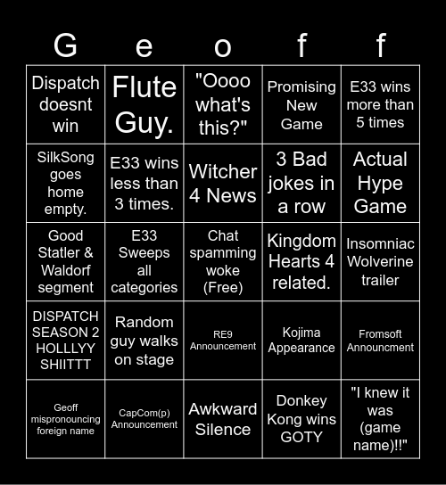 Game Awards 2025 Bingo Card