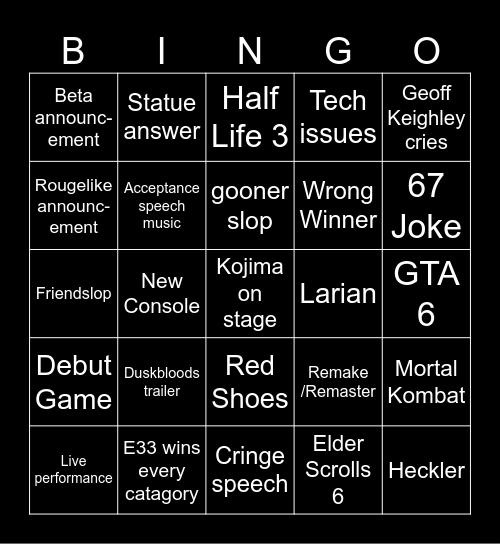 Game Awards 2025 Bingo Card
