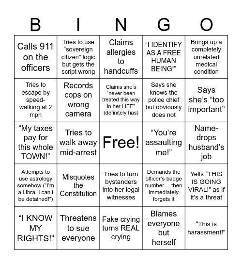 Arrested Karen Bingo Card