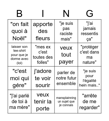 Date avec un HOMME (un peu trop rapide et matcho) Bingo Card