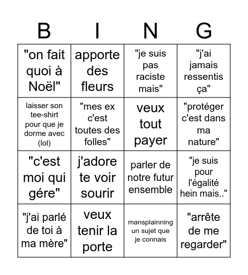 Date avec un HOMME (un peu trop rapide et matcho) Bingo Card