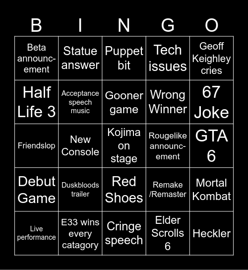Game Awards 2025 Bingo Card