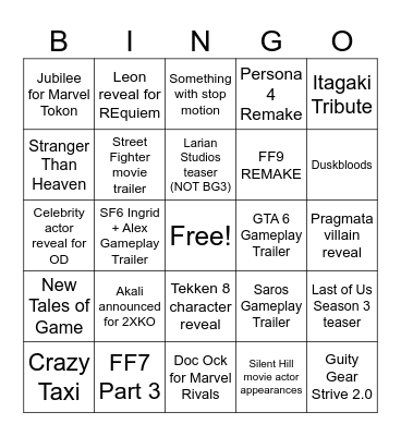 Game Awards 2025 Bingo Card