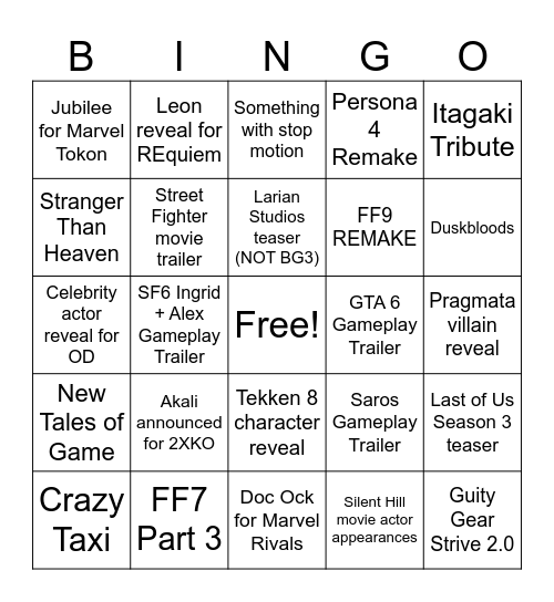 Game Awards 2025 Bingo Card