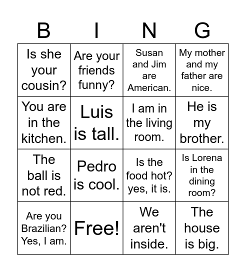 VERB TO BE Bingo Card