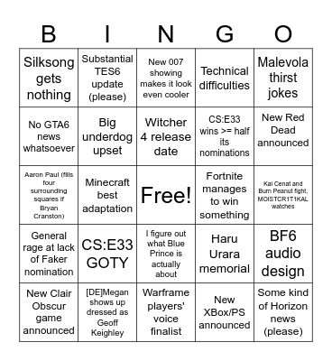 Game Awards Bingo Card